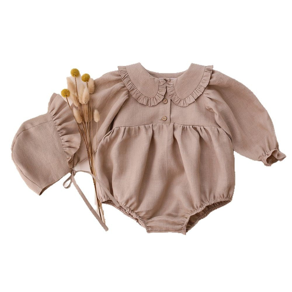 Cotton And Linen Romper Hat Baby Lace Collar Onesie