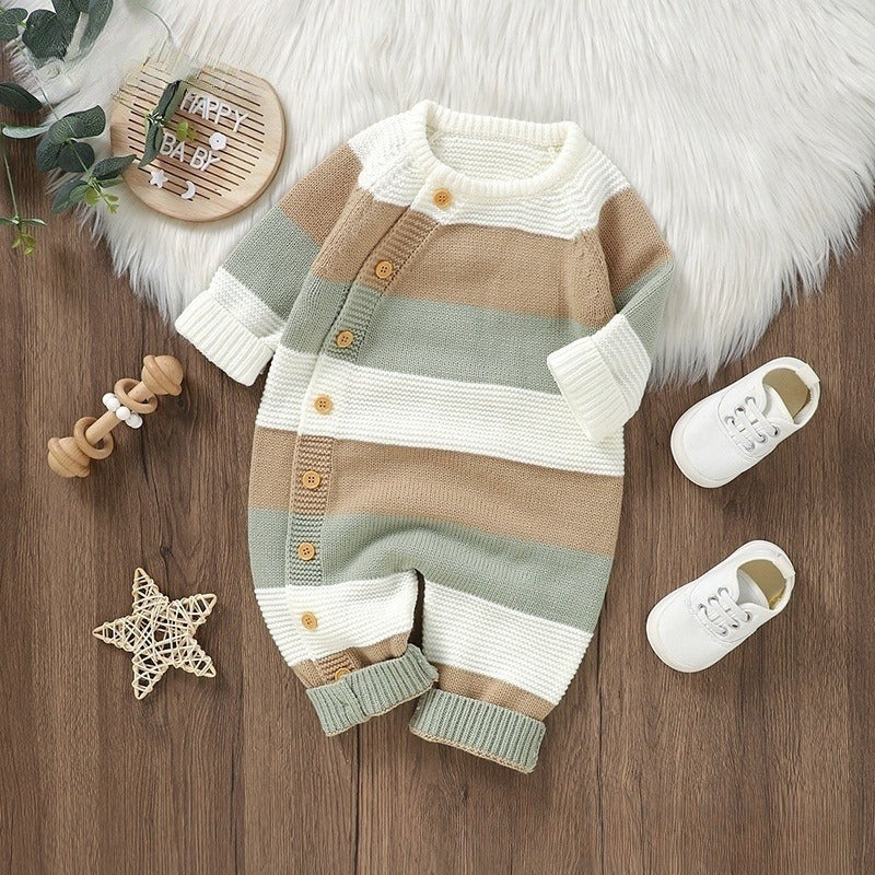 Knitted Striped One-piece Rompers Jumpsuit Male And Female Baby Single-breasted Jumpsuit