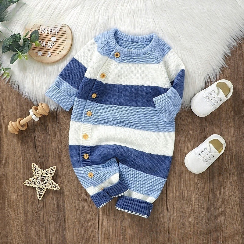 Knitted Striped One-piece Rompers Jumpsuit Male And Female Baby Single-breasted Jumpsuit