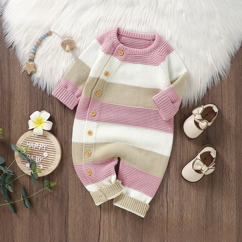 Knitted Striped One-piece Rompers Jumpsuit Male And Female Baby Single-breasted Jumpsuit