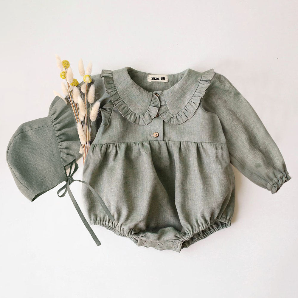 Cotton And Linen Romper Hat Baby Lace Collar Onesie