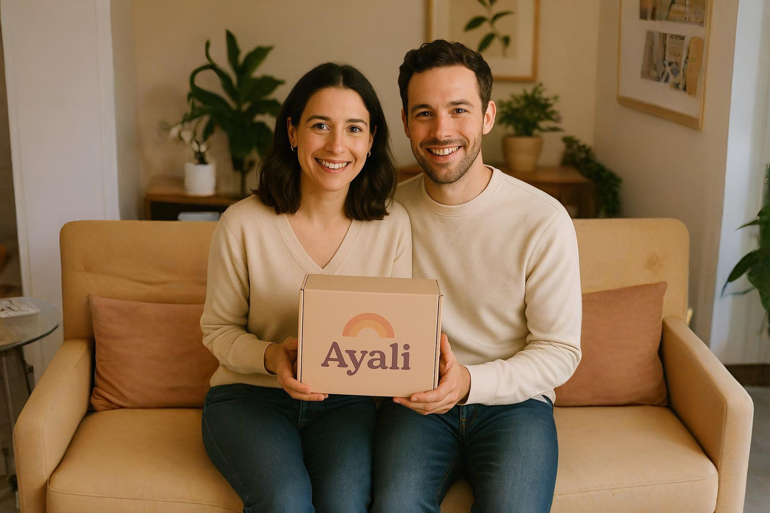 A happy couple sitting together with an Ayali box, reflecting trust, quality, and thoughtful parenting products.