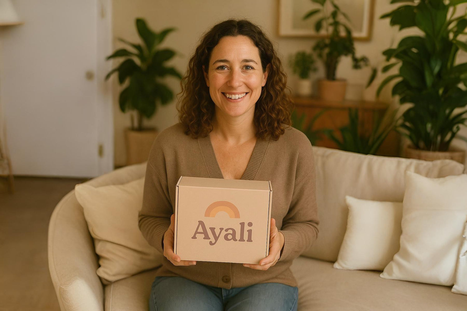 A smiling girl holding an Ayali-branded box, representing happiness, trust, and family-focused care.