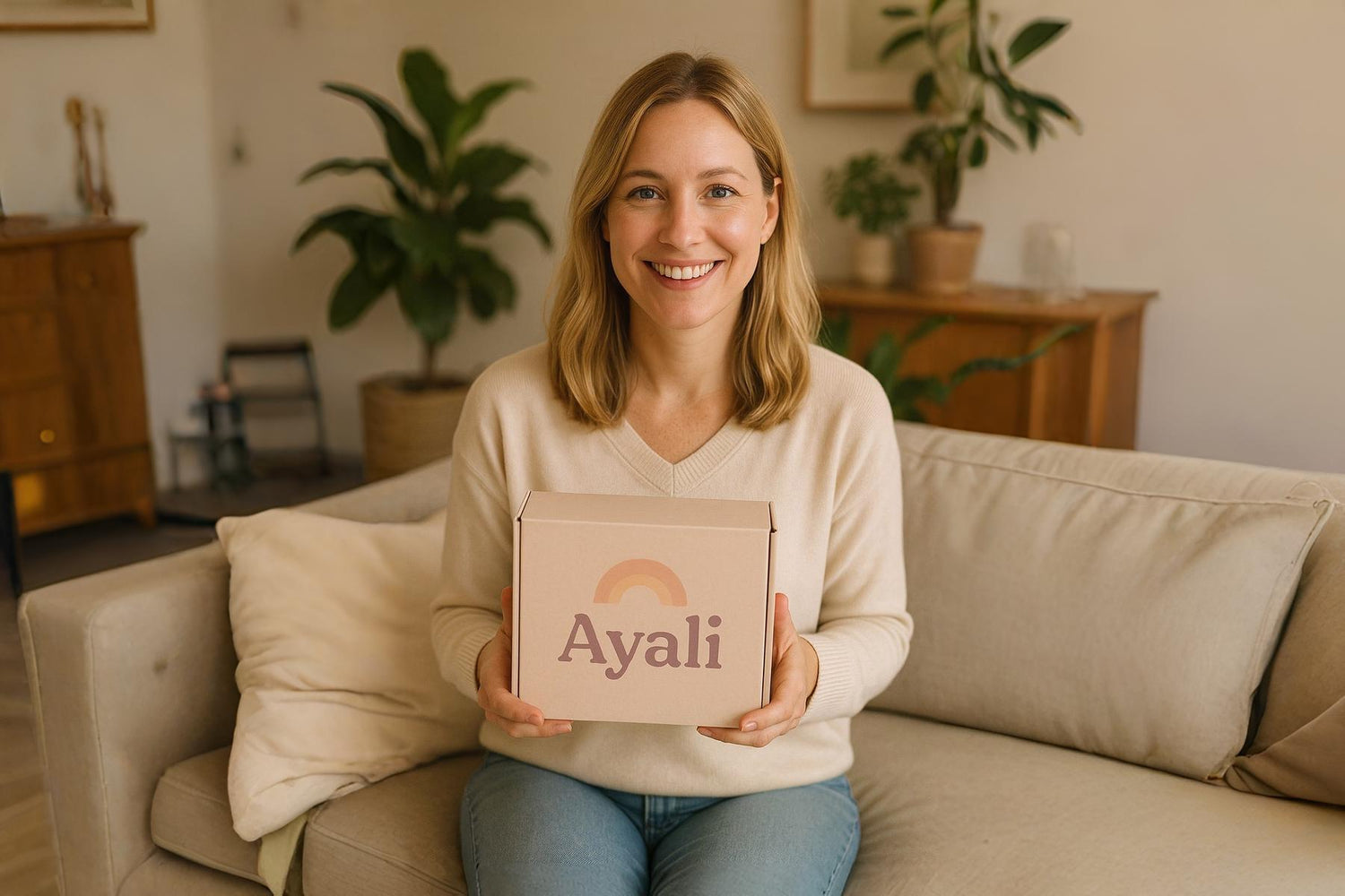 A cheerful young girl with an Ayali box, symbolizing child-friendly care, joy, and trusted products for families.