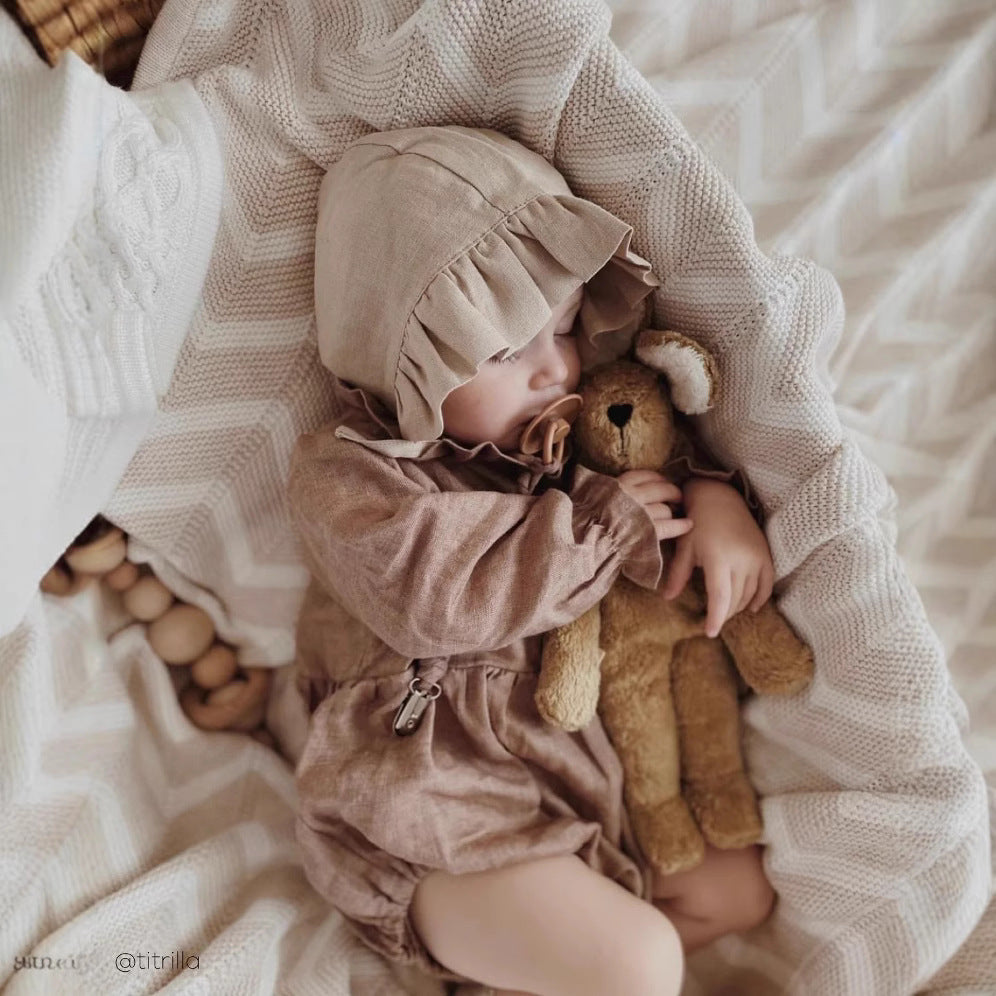 Cotton And Linen Romper Hat Baby Lace Collar Onesie
