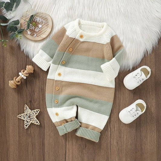 Knitted Striped One-piece Rompers Jumpsuit Male And Female Baby Single-breasted Jumpsuit