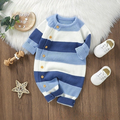 Knitted Striped One-piece Rompers Jumpsuit Male And Female Baby Single-breasted Jumpsuit