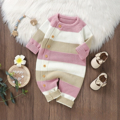 Knitted Striped One-piece Rompers Jumpsuit Male And Female Baby Single-breasted Jumpsuit
