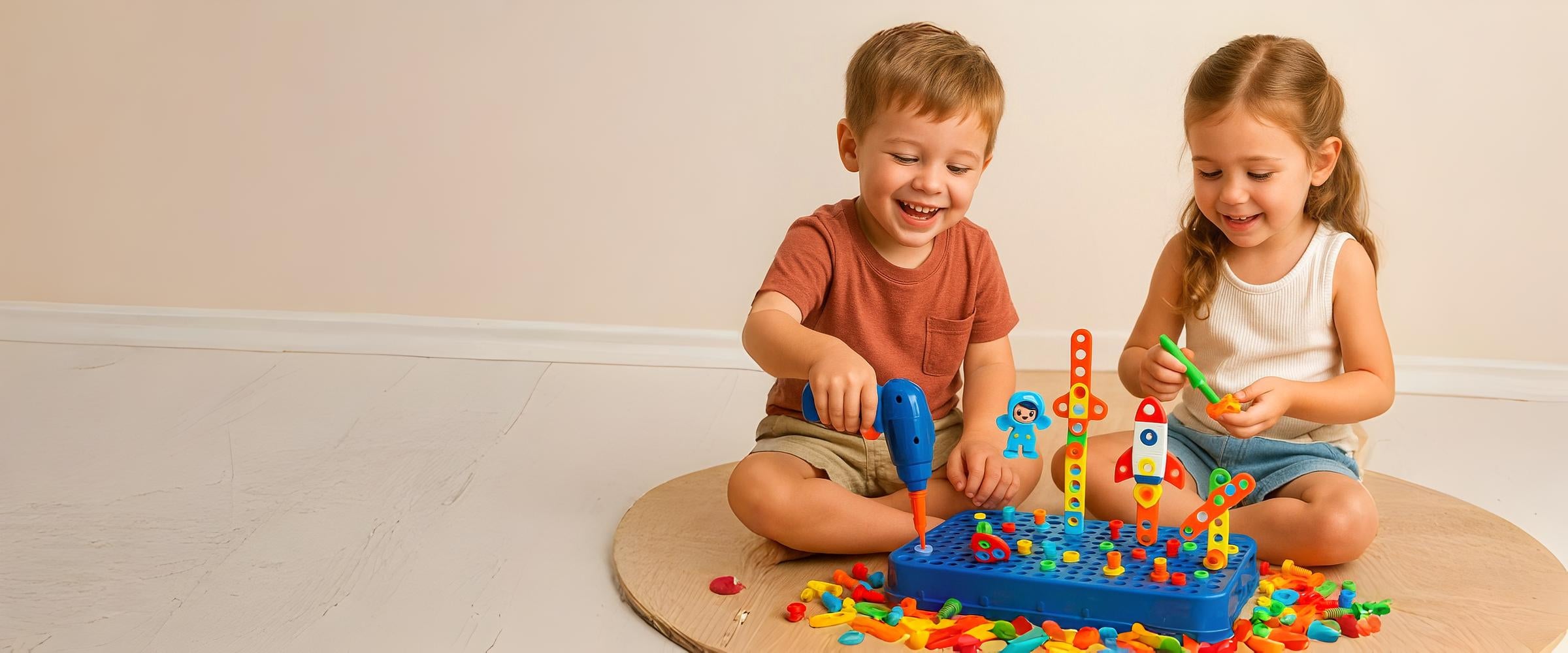 Two children enjoying affordable educational building blocks from Shop for Less on a wooden floor