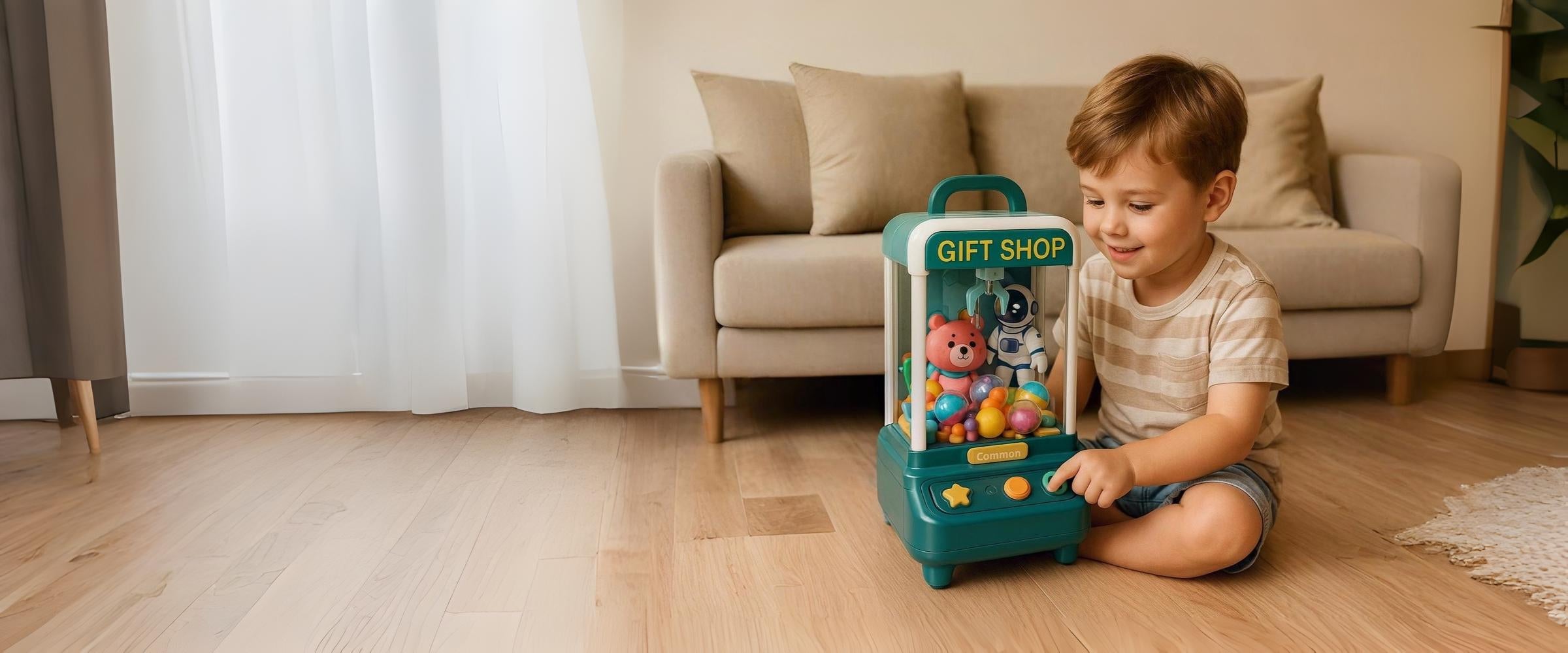 Child playing with a toy gift shop on a wooden floor – budget-friendly toy from Shop for Less
